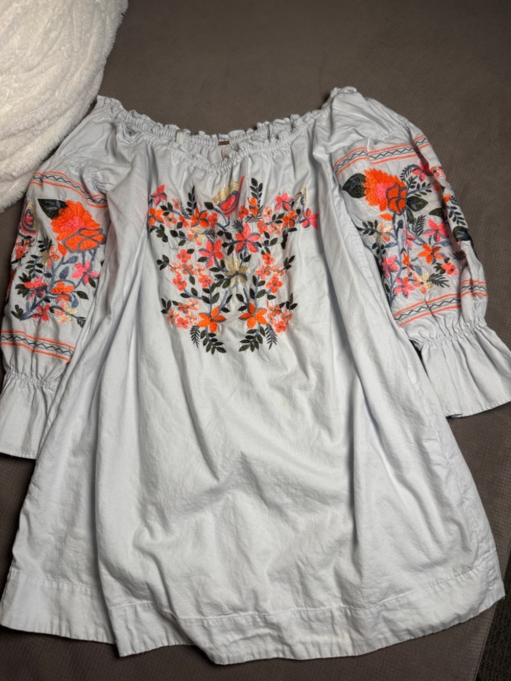 Free People White Off-Shoulder Mini Dress with Orange & Pink Floral Embroidery